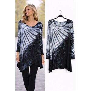 Soft Surroundings Womens Tunic Top Medium Navy Blue Tie Dye Studded Scoop Neck